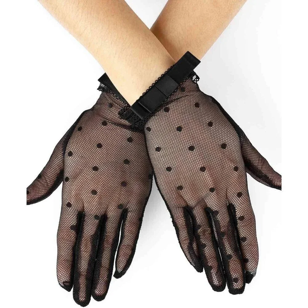 Women's #2 Black Short Floral Evening Sheer Gloves Bridal Wedding Party Tea